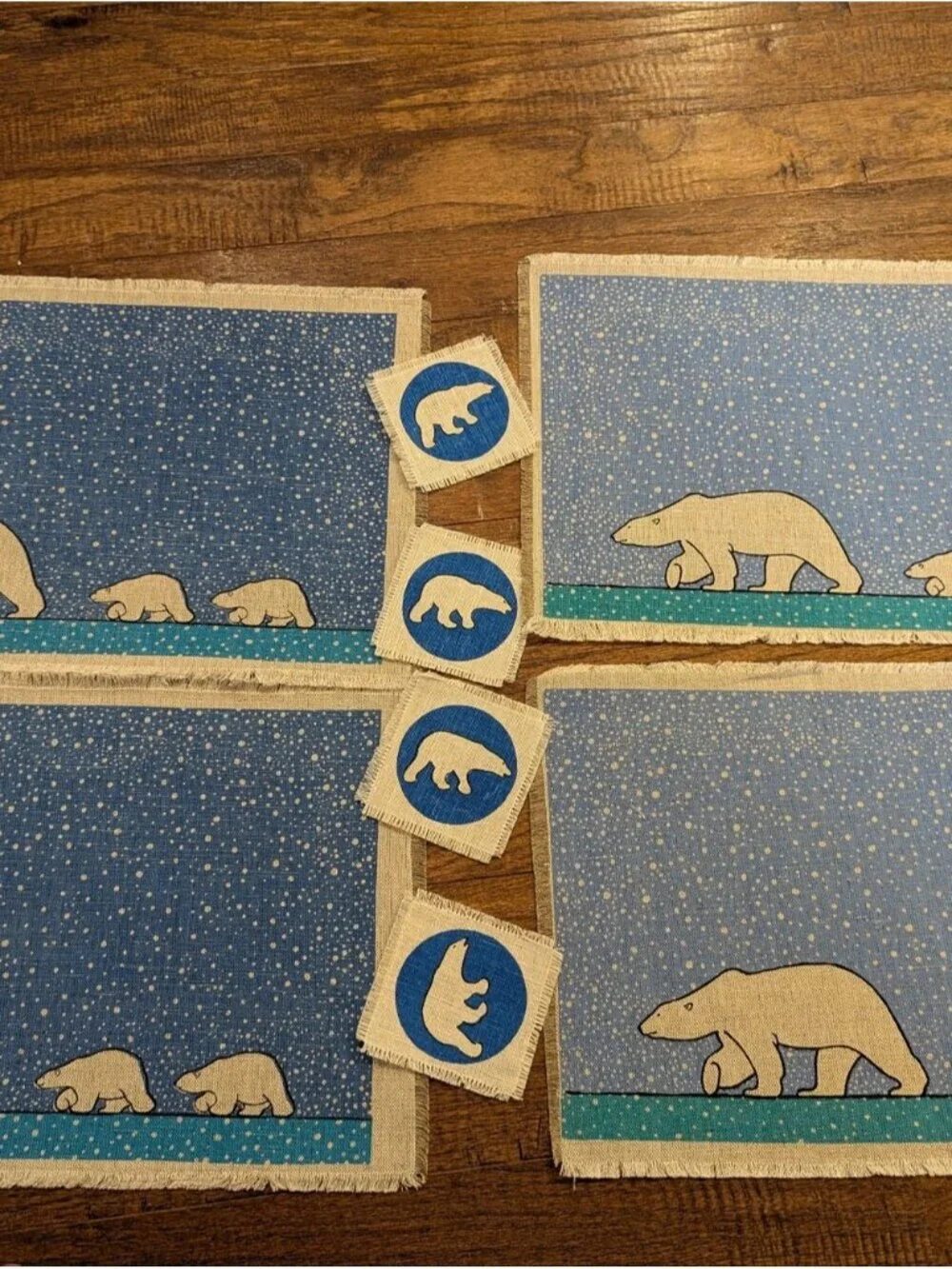 Vintage Skemo Canada Polar Bear Placemat & Coaster Set Of 4 in Blue Teal & White